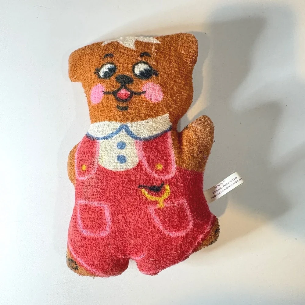 Vintage Protect-O Reliance Products Bear Plush Terry Cloth Red Overalls Toy 8.5
